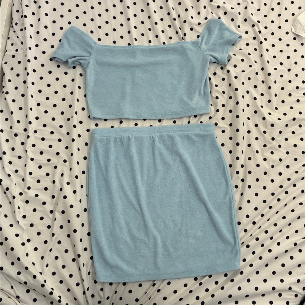 SO Light Blue Off-Shoulder Crop Top & Mini Skirt Set